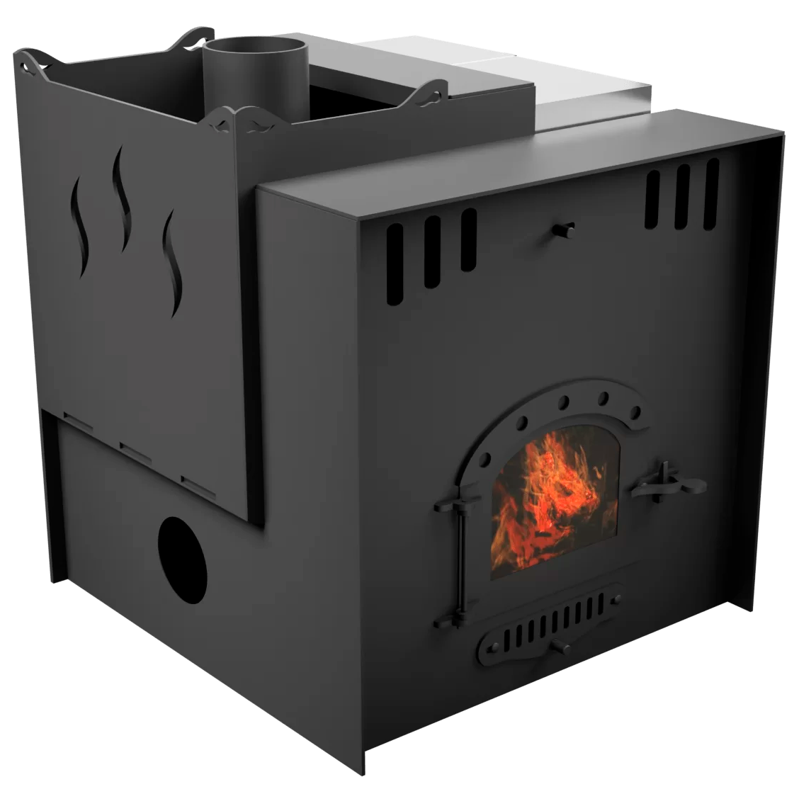 Печь Горыныч Мини, каменка с левой стороны, малое стекло, система воздушного отопления с порталом фото в Самаре