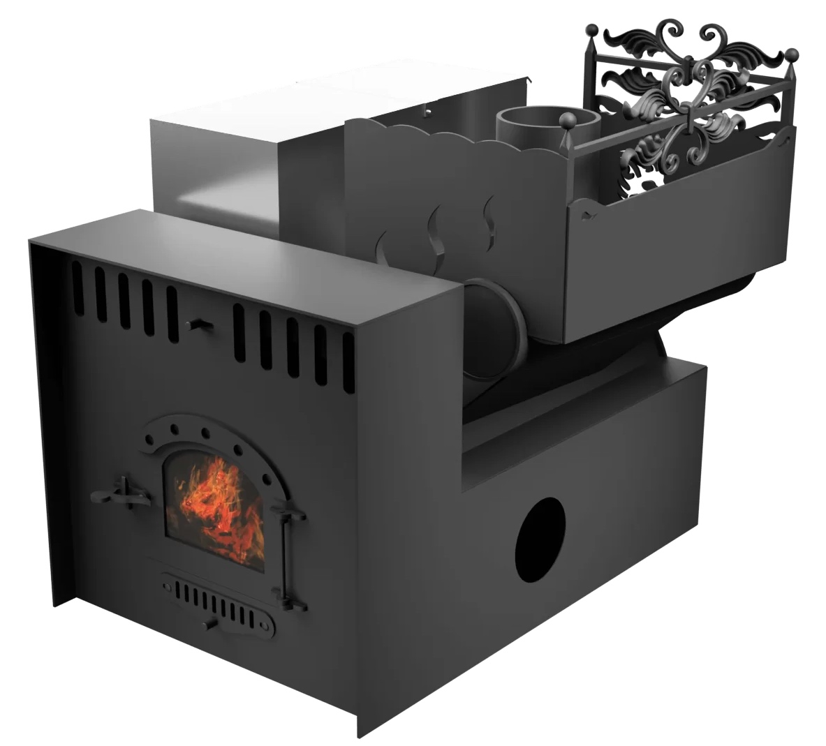 Печь Горыныч 3, каменка с правой стороны, малая дверь со стеклом, система воздушного отопления с порталом фото в Самаре