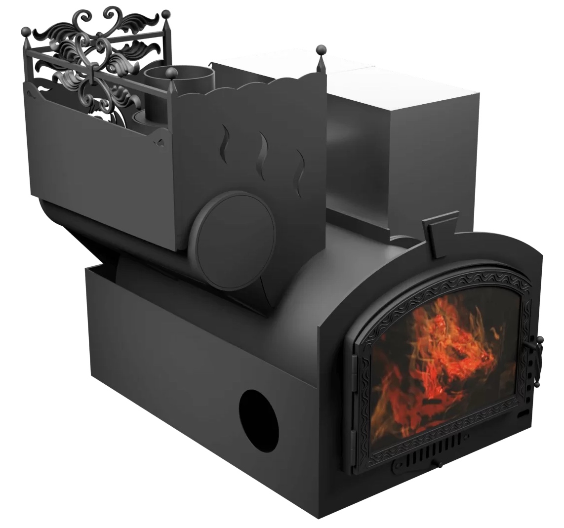 Печь Горыныч 3, каменка с левой стороны, большая дверь со стеклом, система воздушного отопления фото в Самаре