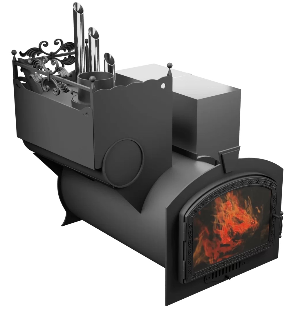 Печь Горыныч 3, каменка закрытая с парогенератором с левой стороны, большая дверь со стеклом фото в Самаре