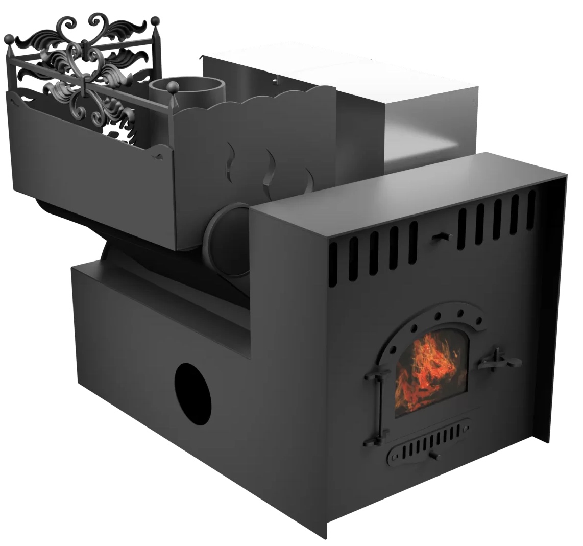 Печь Горыныч 3, каменка с левой стороны, малая дверь со стеклом, система воздушного отопления с порталом фото в Самаре