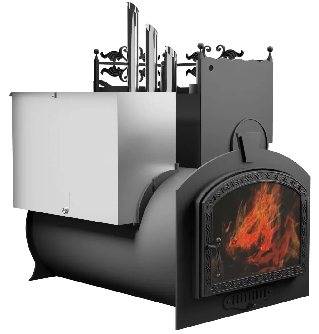 Печь Горыныч 3, каменка закрытая с парогенератором с правой стороны, большая дверь со стеклом фото в Самаре
