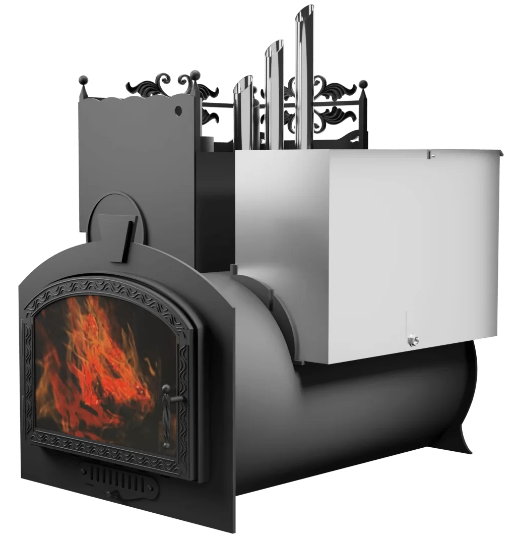Печь Горыныч 3, каменка закрытая с парогенератором с левой стороны, большая дверь со стеклом фото в Самаре