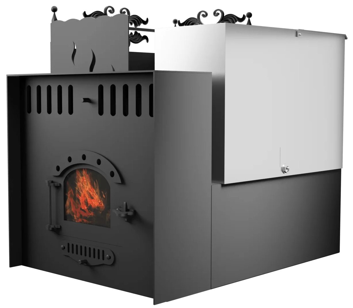 Печь Горыныч 3, каменка с левой стороны, малая дверь со стеклом, система воздушного отопления с порталом фото в Самаре